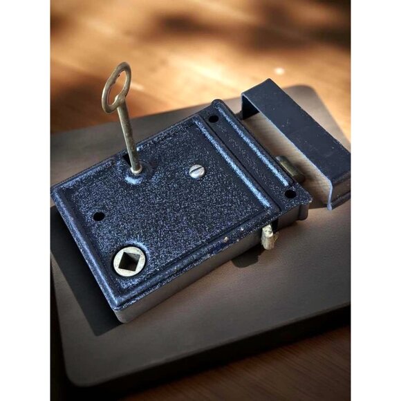 Antique Rim Lock with Skeleton Key & Keeper Plate1890s–1910s Surface Mount Ca